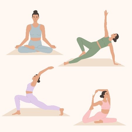 Illustration de femmes faisant du yoga et du Pilates sur des tapis.