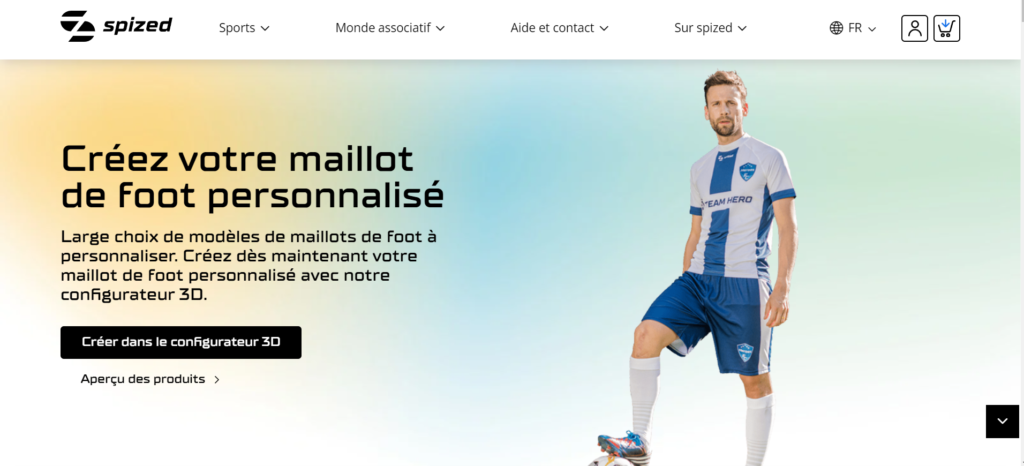 capture d'écran de l'accueil d'un site internet pour créer des maillots personnalisés